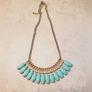 Beautiful turquoise necklace with teardrop beads, rhinestones and gold chain.